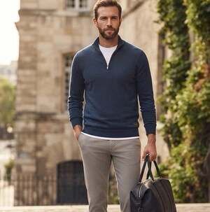 NWT Lachlan Sz M Cashmere Merino Wool Blue 1/4 Zip Mens Sweater Heritage Money